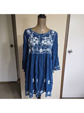 Exist Medium Boho Peasant Dress Indigo Embroidered Rayon Flowy Modest 3/4 Sleeve